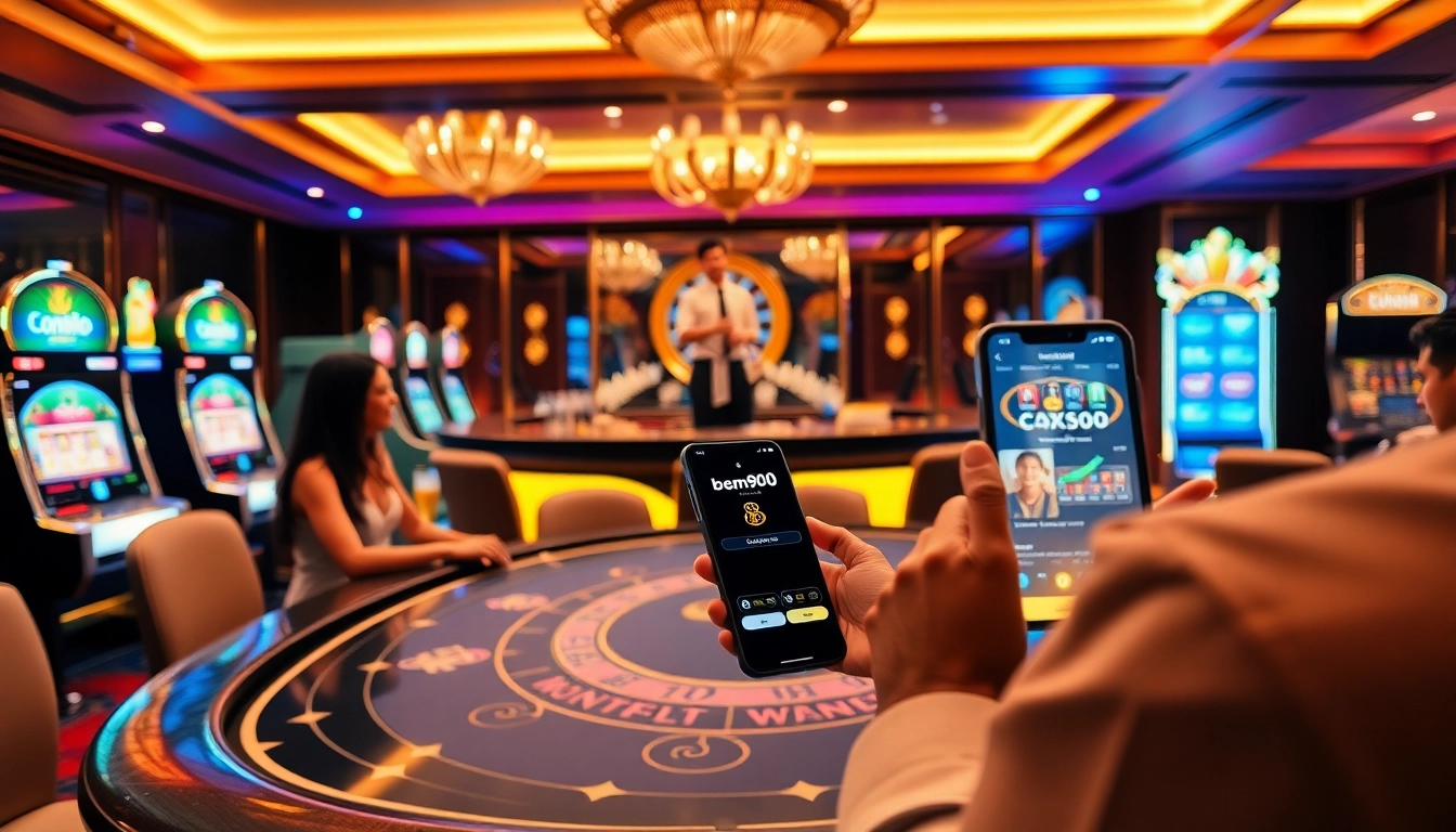 The app bem90 enhances your gambling experience at a vibrant casino with poker and slot machines.