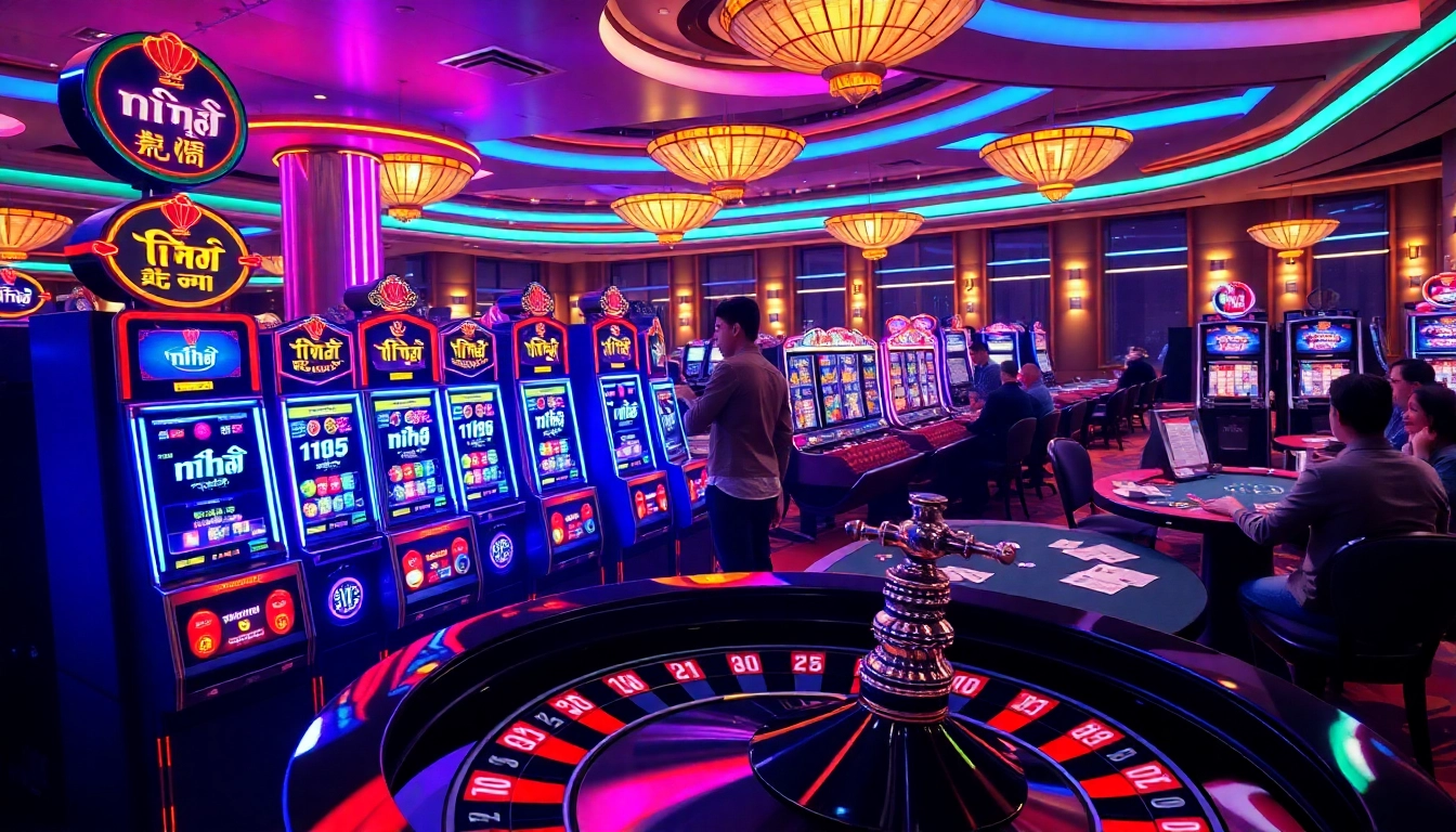 Experience the thrill of nổ hũ with vibrant slot machines in a lively casino atmosphere.