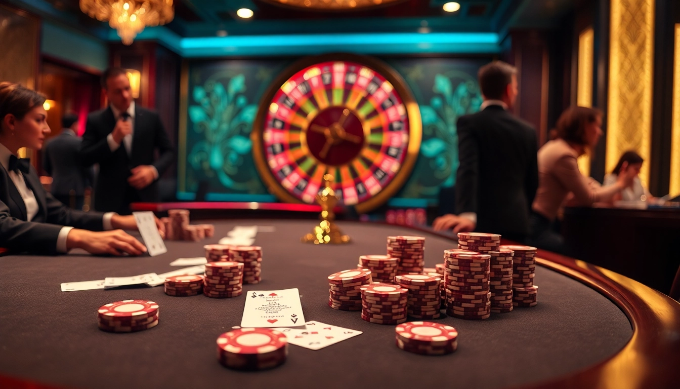 Engaging players at F8BET's luxurious poker table with vibrant casino elements.