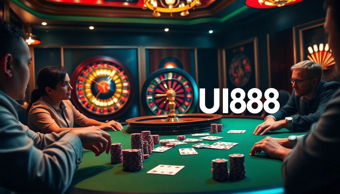 UU88 players enjoying a thrilling poker game at a luxury casino table.