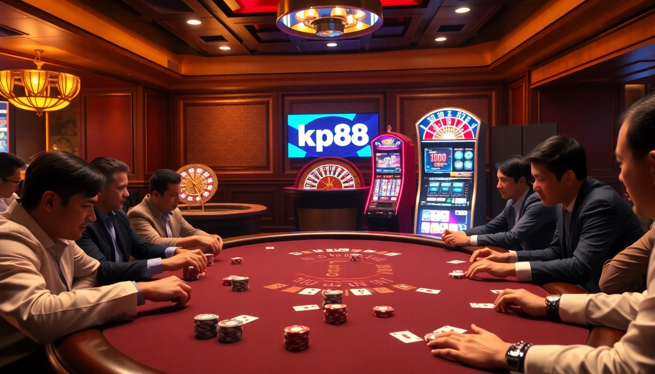Players enjoying a thrilling poker game at a luxurious casino with kp88 branding.