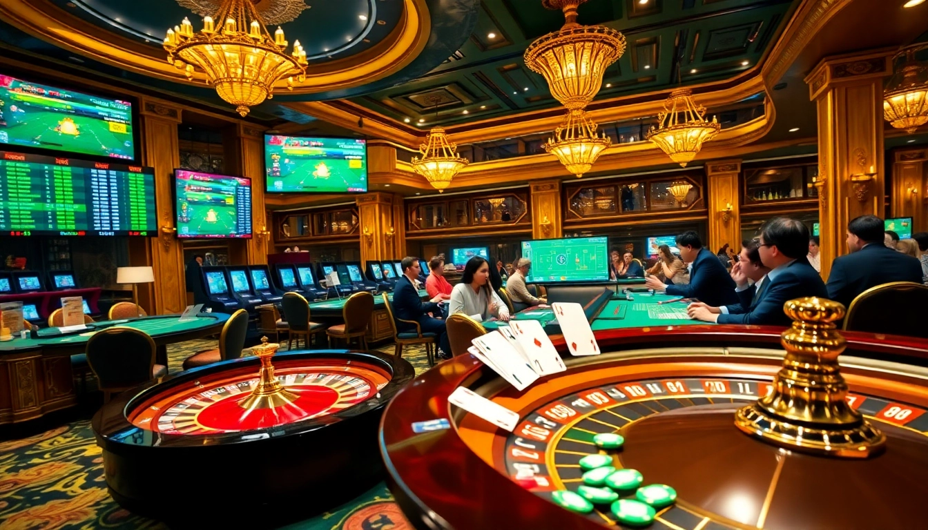 Excited gamblers placing kèo bóng đá bets in a luxurious casino setting.
