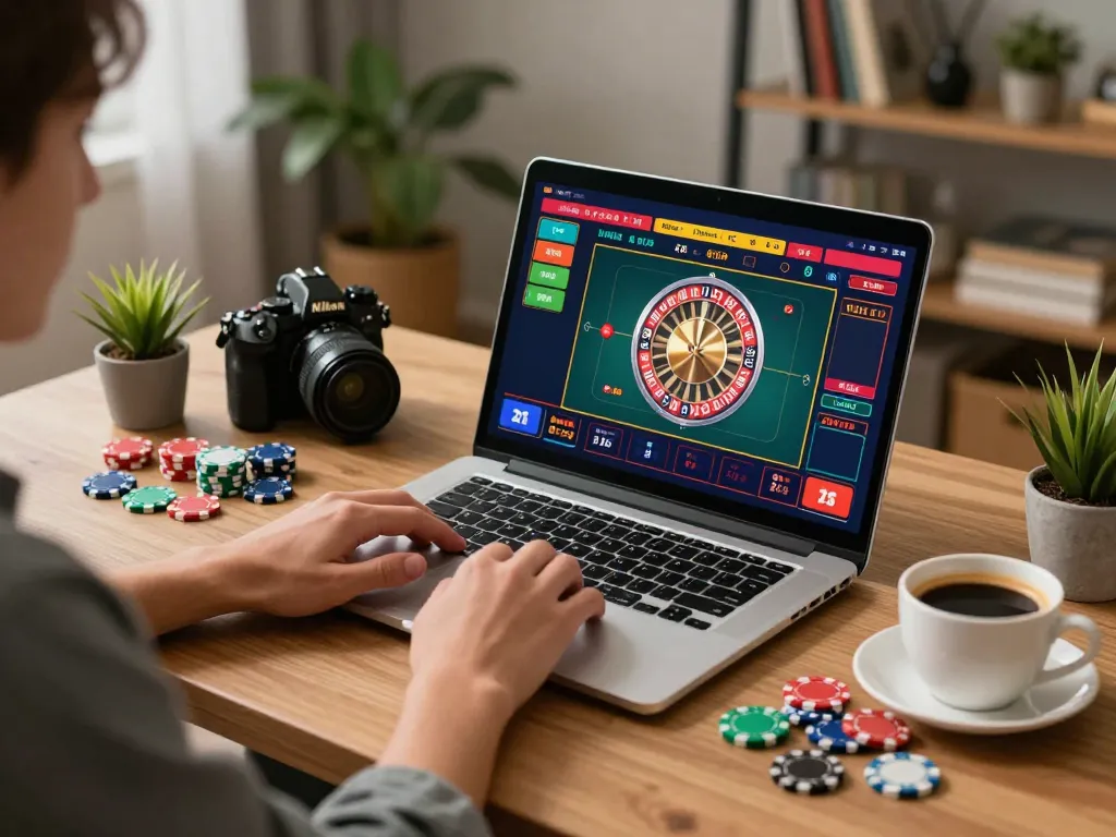 Engaging in a thrilling online roulette game at home with xo88 com on laptop, showcasing responsible gaming.