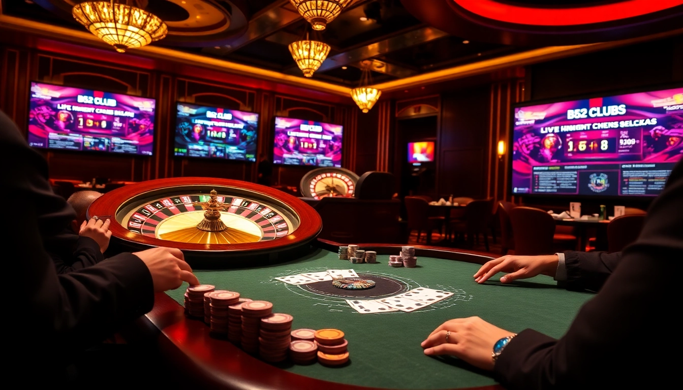 Players enjoying a thrilling game at the B52 Club poker table with vibrant casino atmosphere.