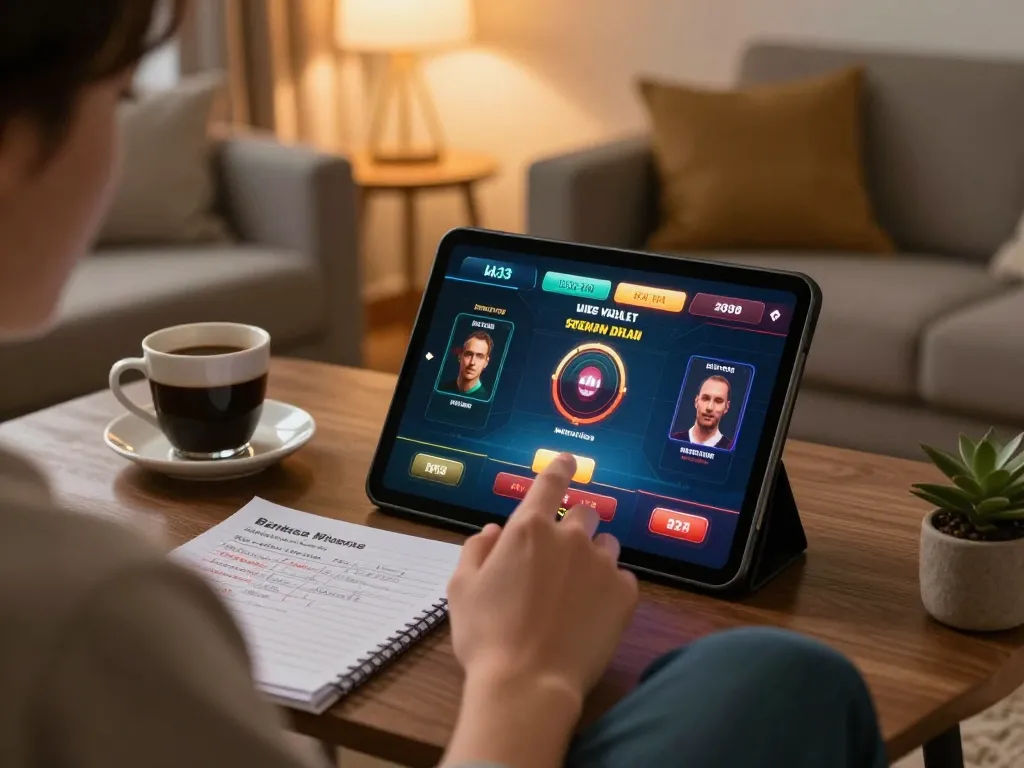 Player enjoying a live casino experience on bk33 tablet during a cozy home evening.