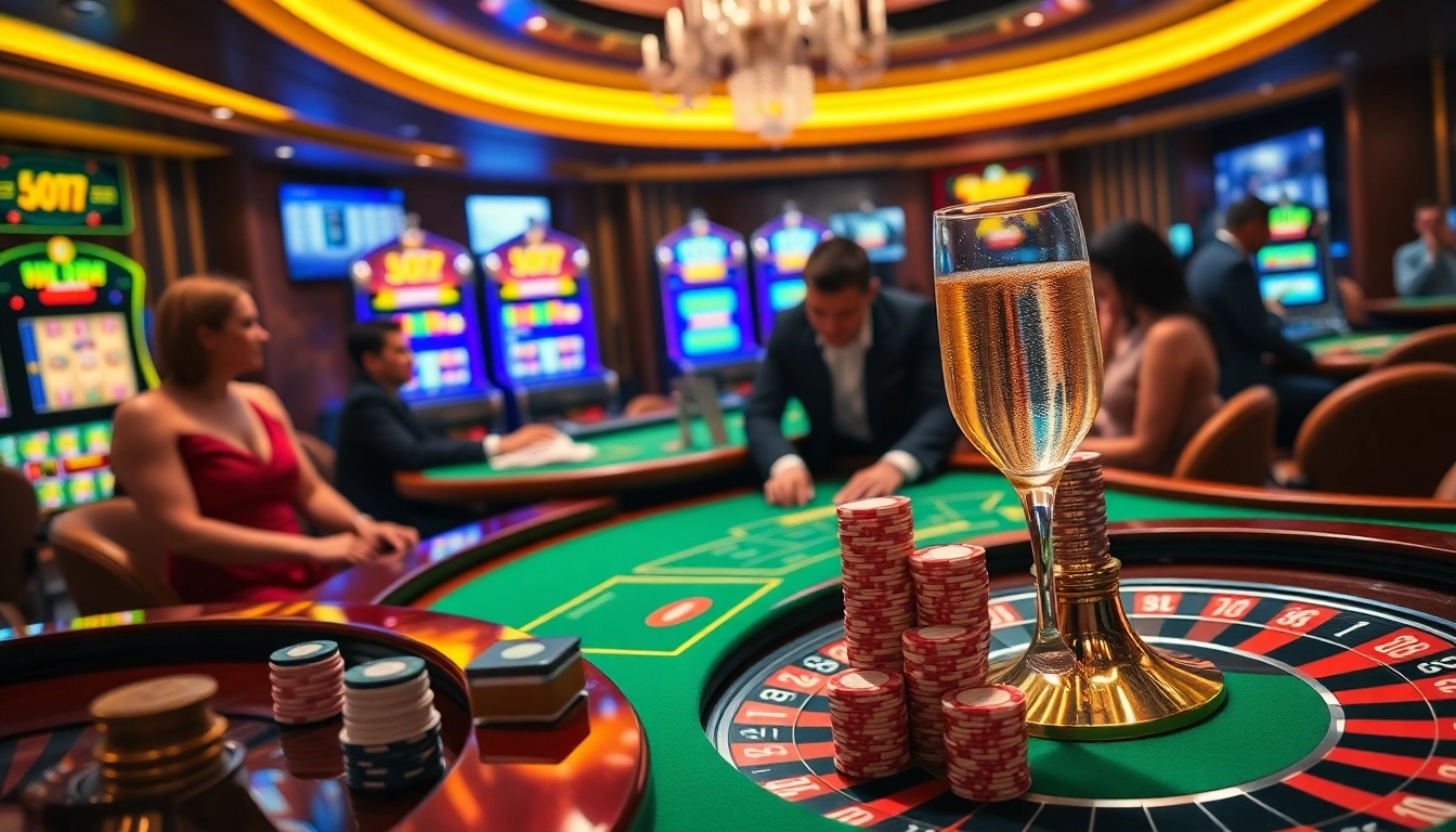 An exciting casino scene at https://88vn.cn.com/ featuring glamorous gamblers, vibrant slot machines, and luxurious gaming tables.