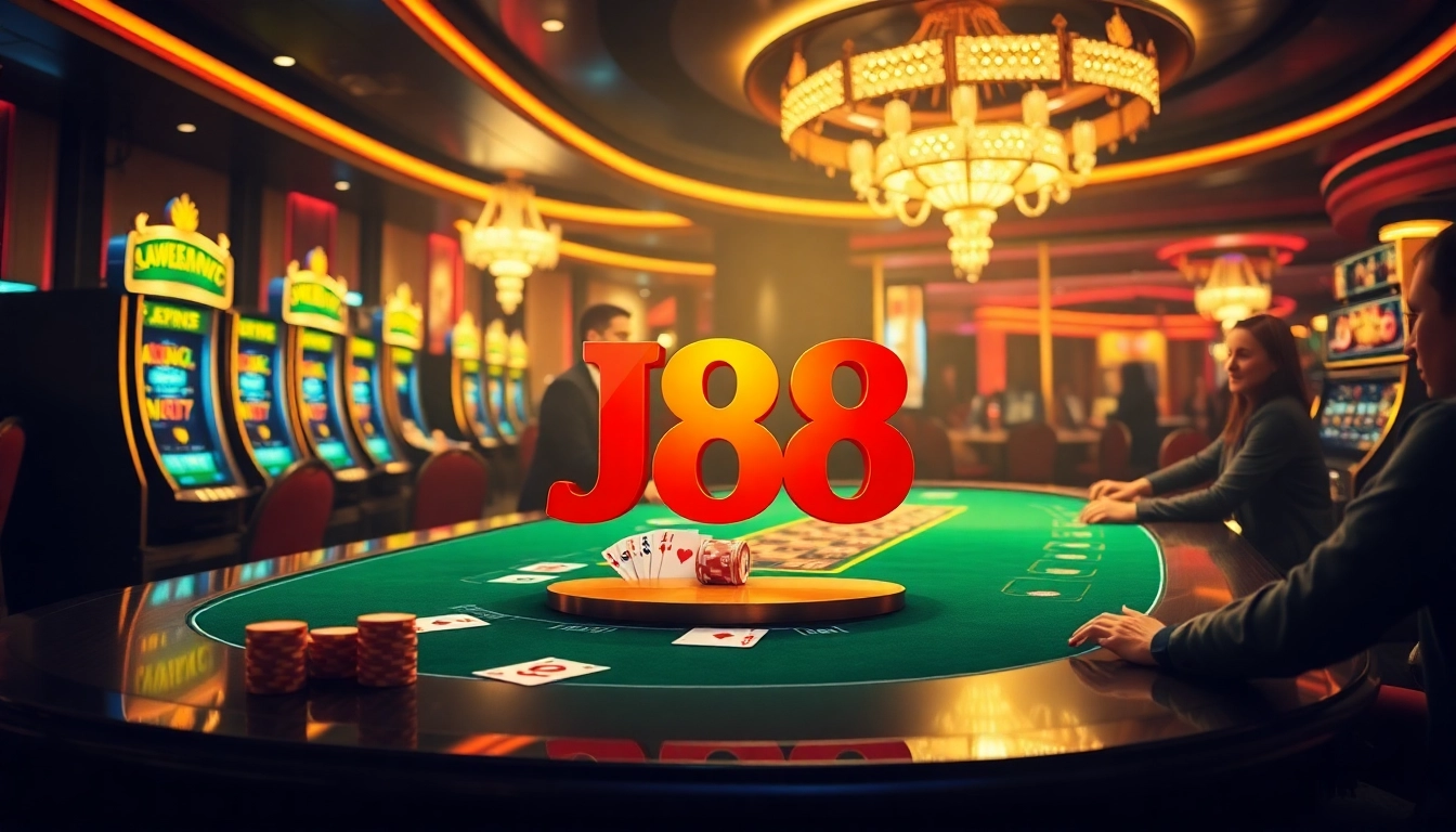 Experience the excitement of gambling at J88 Casino with vibrant poker gameplay and luxurious surroundings.