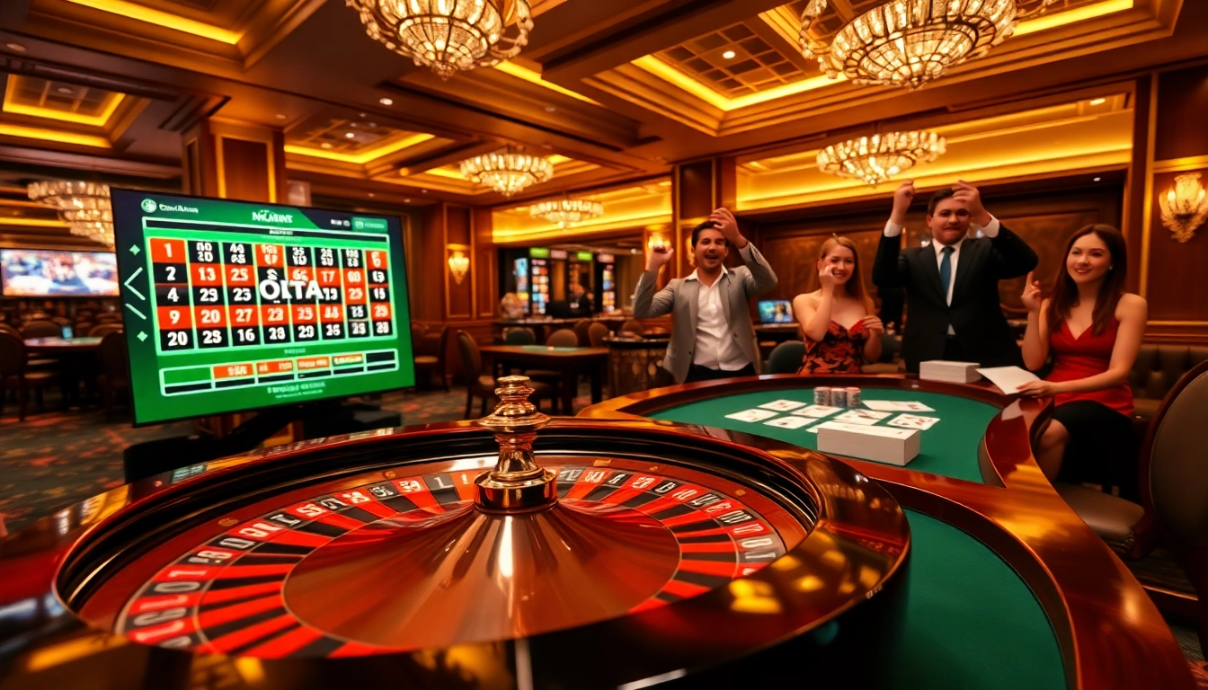 Experience the excitement at Nhà cái OKATM with a vibrant casino scene showcasing roulette and poker.