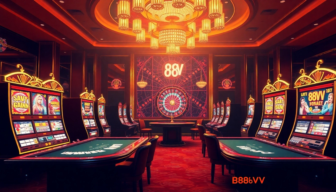 88VV casino scene featuring vibrant tables, spinning roulette, and colorful slot machines packed with excitement.