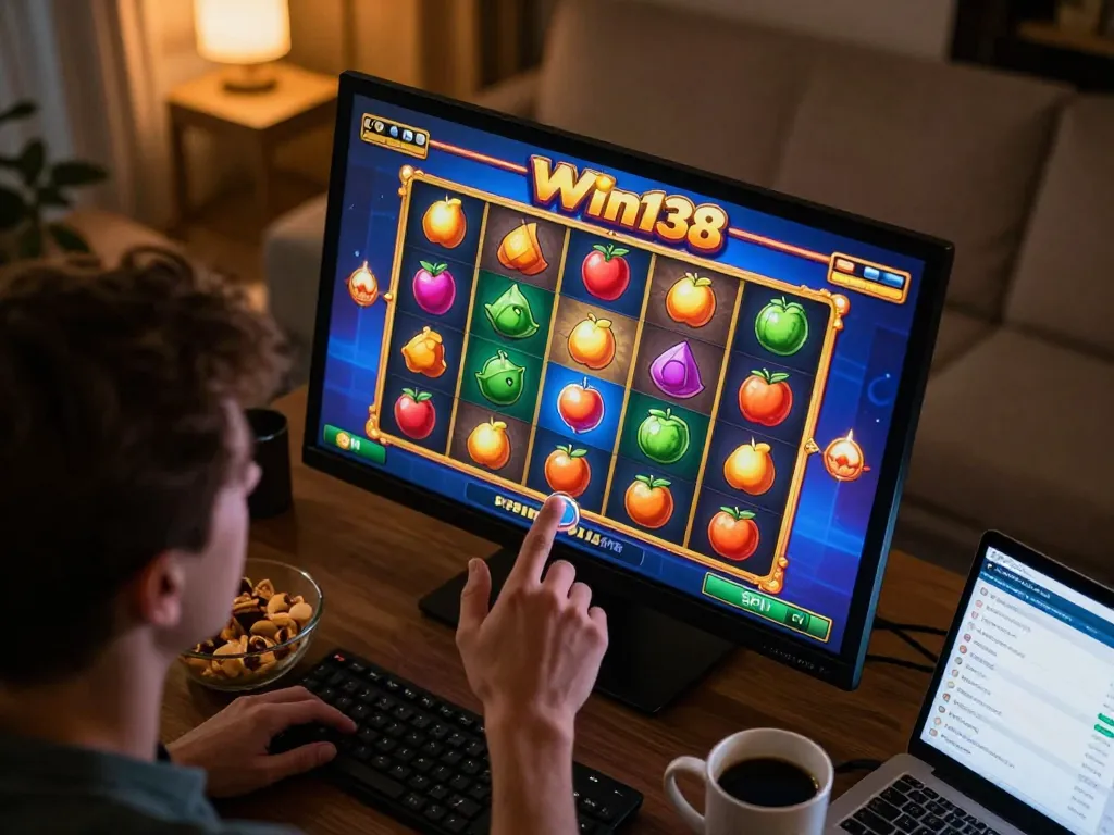 Engaging online gaming scene with Win138 logo showing player ready to spin vibrant slot machine.