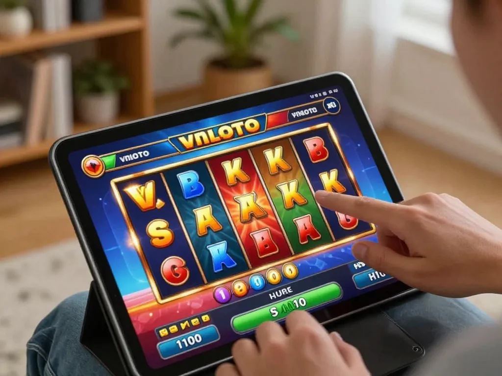 Player engaging with vnloto slot game on mobile device in cozy home setting, showcasing excitement and strategy.
