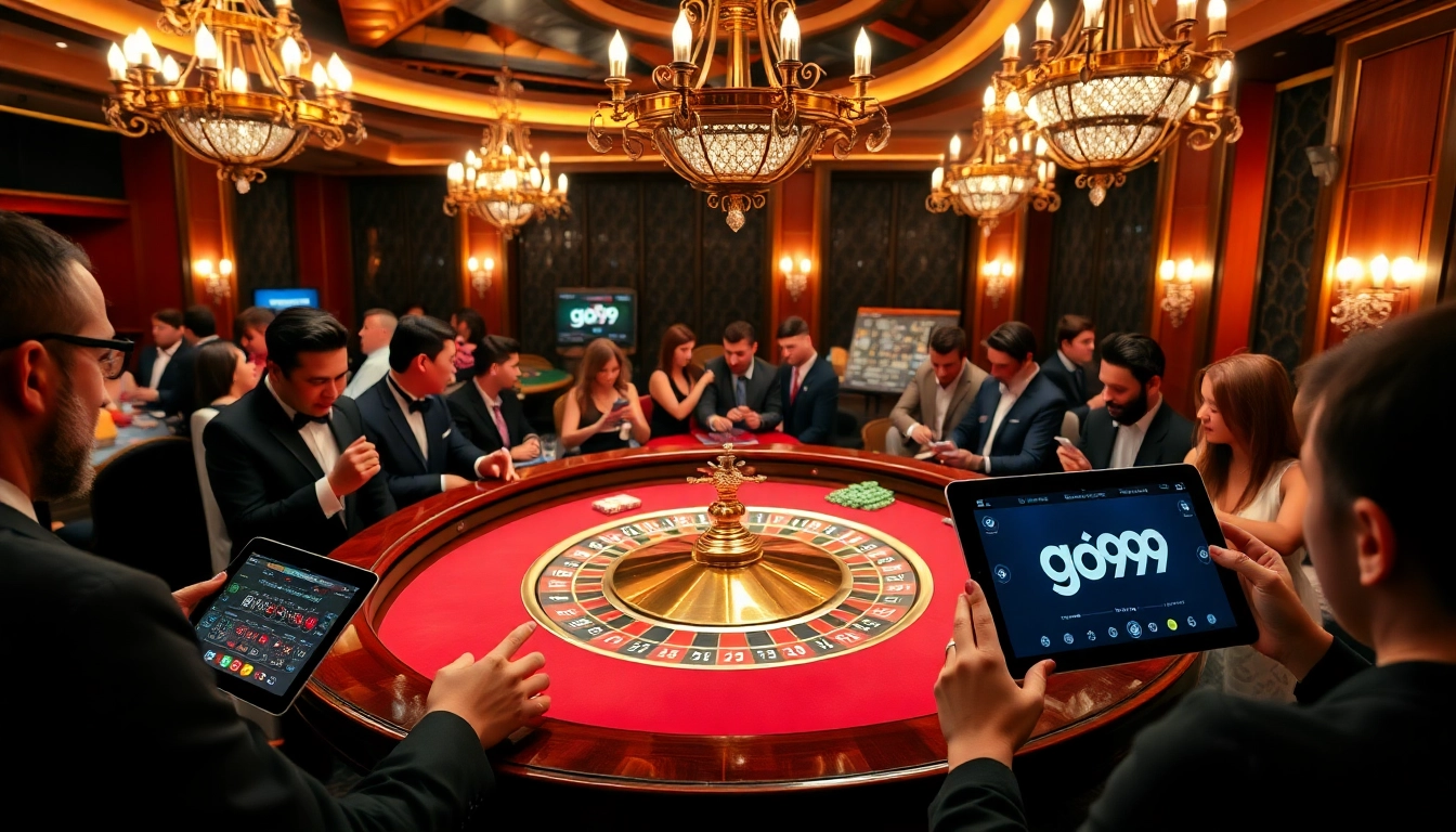 Excited players engaging at a go99 roulette table in a luxurious casino atmosphere.