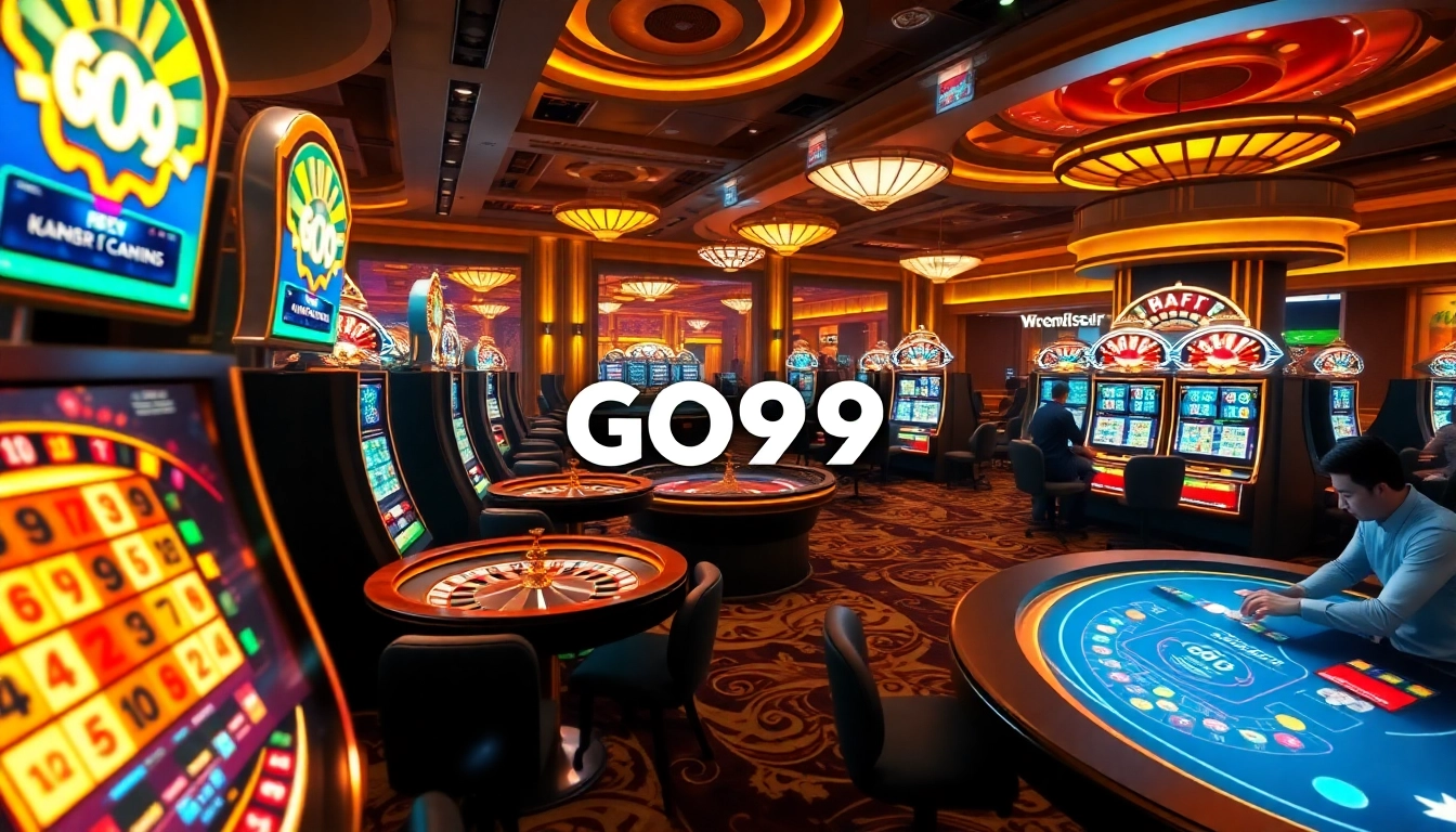 GO99 vibrant casino scene with slot machines and roulette tables, celebrating online gambling excitement.