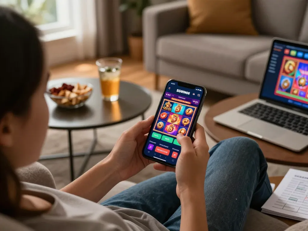 Engaged player using the SGWIN66 mobile casino app for online slots from their cozy home.