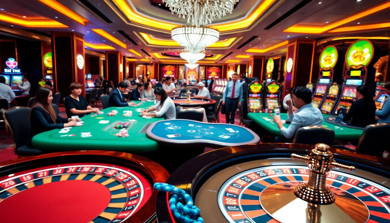 Vibrant casino scene depicting excitement at nhà cái 888VND with tables, cards, and roulette.