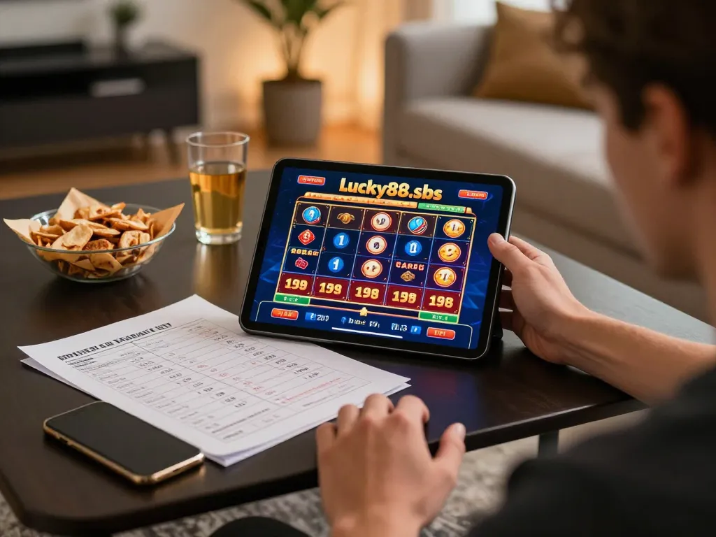 Engaged player analyzing strategies on lucky88.sbs online casino from cozy home setup
