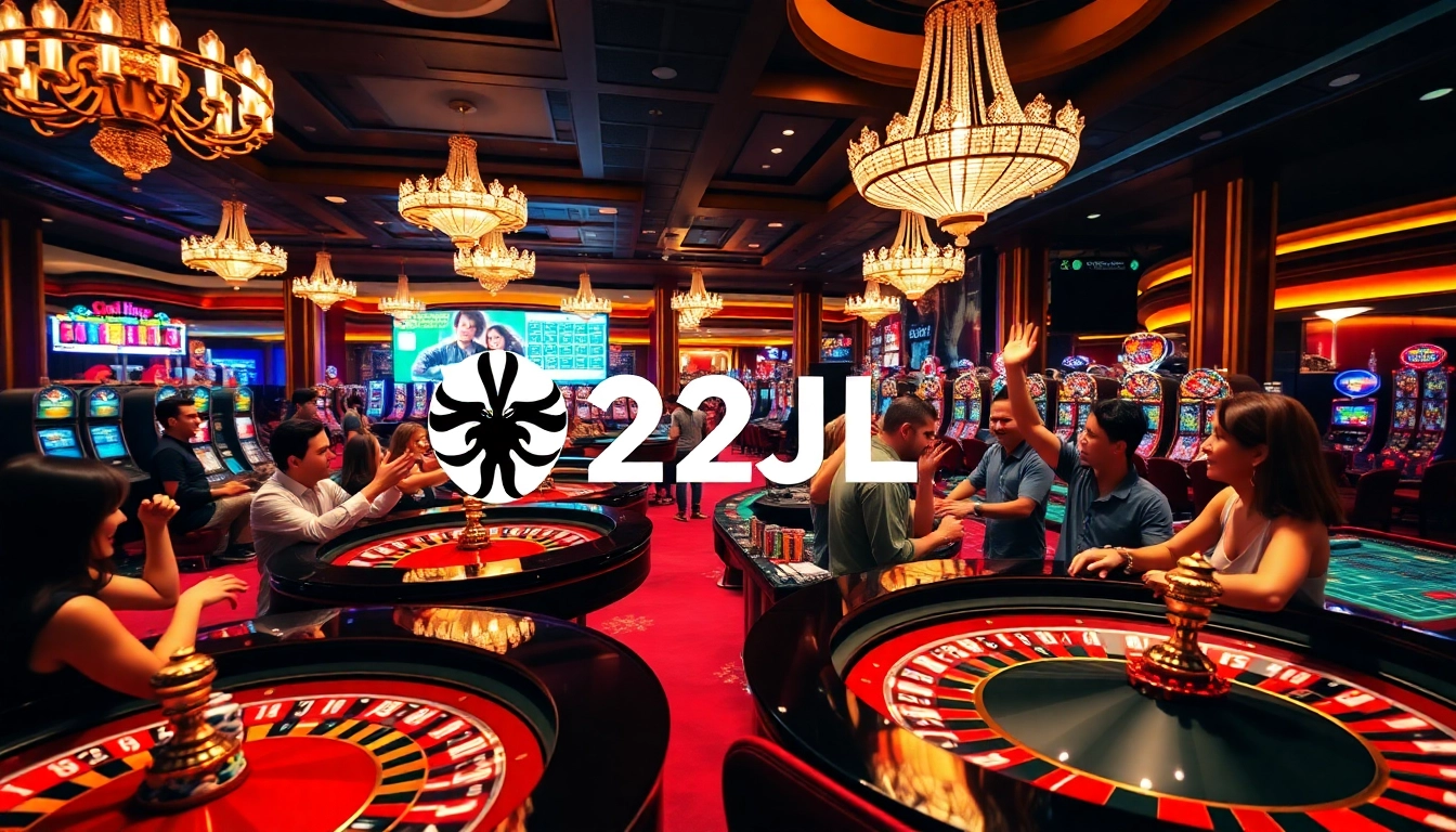 22JL gamblers celebrate wins at vibrant casino tables with roulette wheels and slot machines.