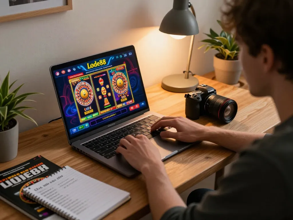 Lode88 player engaged in online casino gaming at home, highlighting strategy notes and vibrant screen interface.