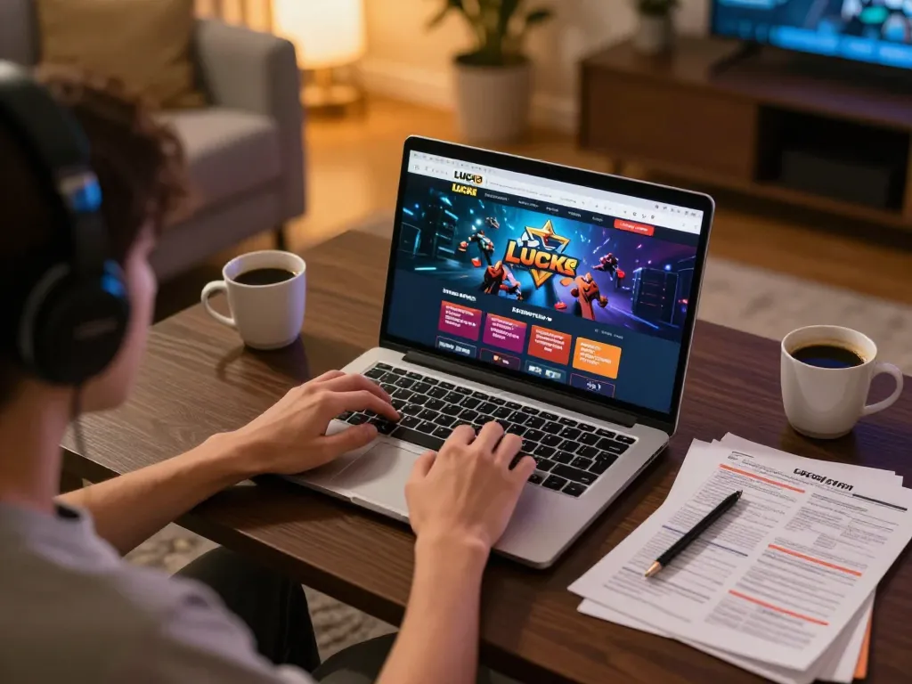LUCK8 online gaming scene showing a player enjoying a casino game at home with a tablet and coffee