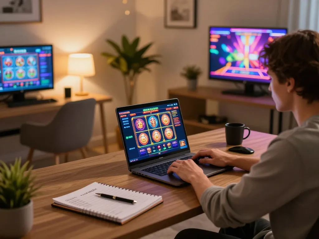 Engaging in online casino gaming with DEBET on a sleek laptop in a modern home office setting.