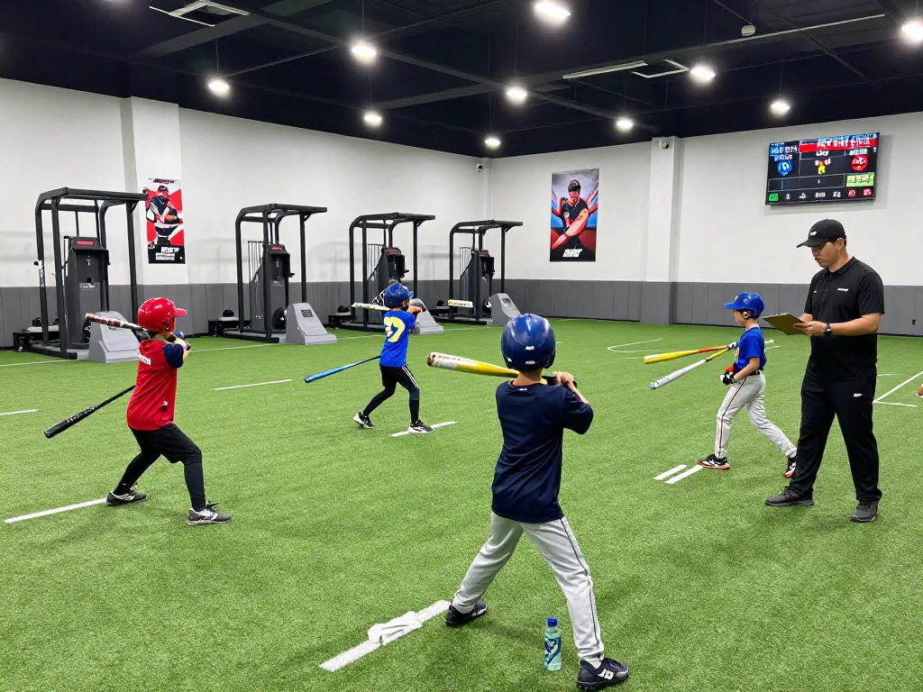 Hitclub baseball training session with young athletes improving batting skills in a vibrant indoor facility