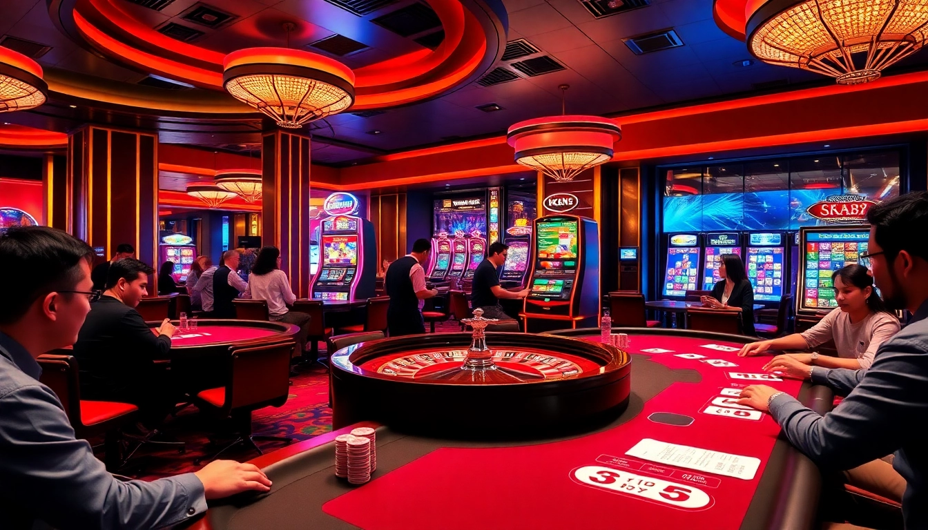 GK88 gaming area showcasing modern roulette and excited players engaging at casino tables.