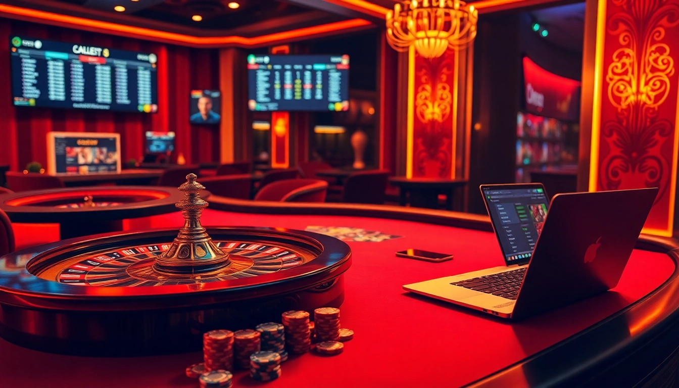 Lively online gambling scene showcasing high-end casino elements from https://luongsontv23.com/, featuring poker tables and roulette wheels.