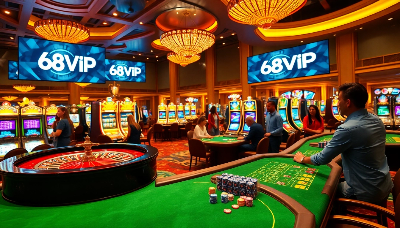 Experience thrilling gaming action at 68VIP, featuring exciting casino tables and vibrant slot machines.