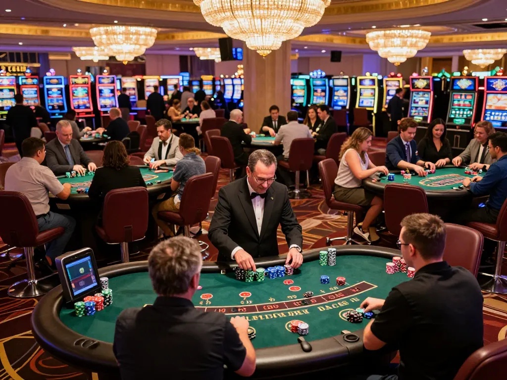 Engaged players at a lively blackjack table, showcasing FC88 gaming excitement in a Vegas casino.