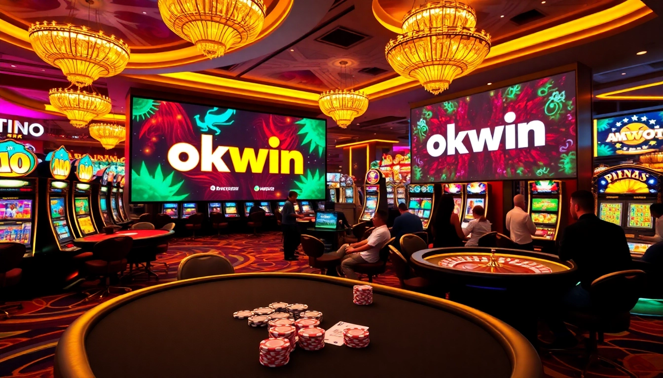 Experience thrilling gaming at okwin's vibrant casino floor with dealers and players.