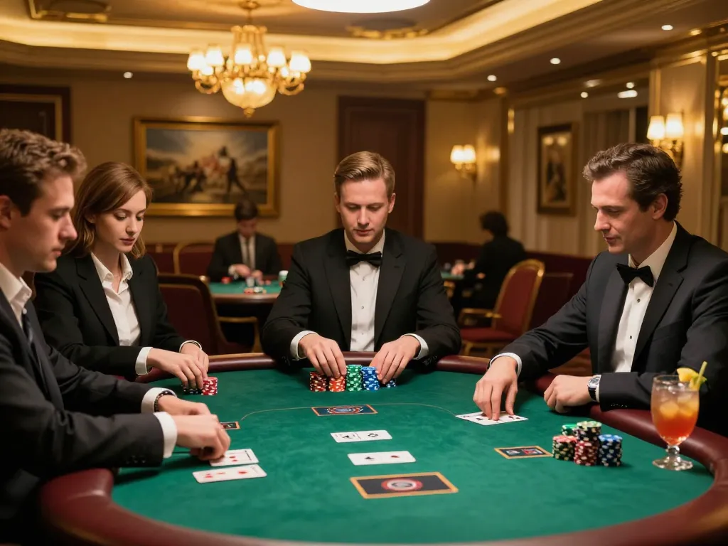 Players enjoy an intense gem88 poker game in a luxurious casino, showcasing strategy and high stakes.