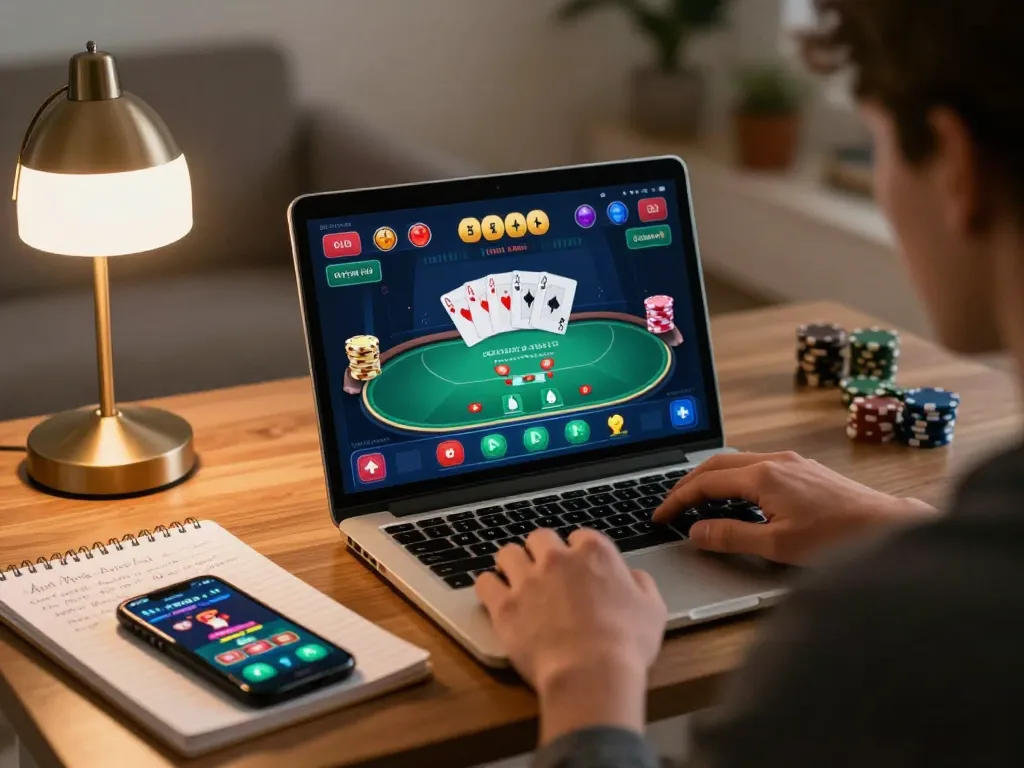 Engaging poker session at home with 11WIN gaming interface and strategic notes.