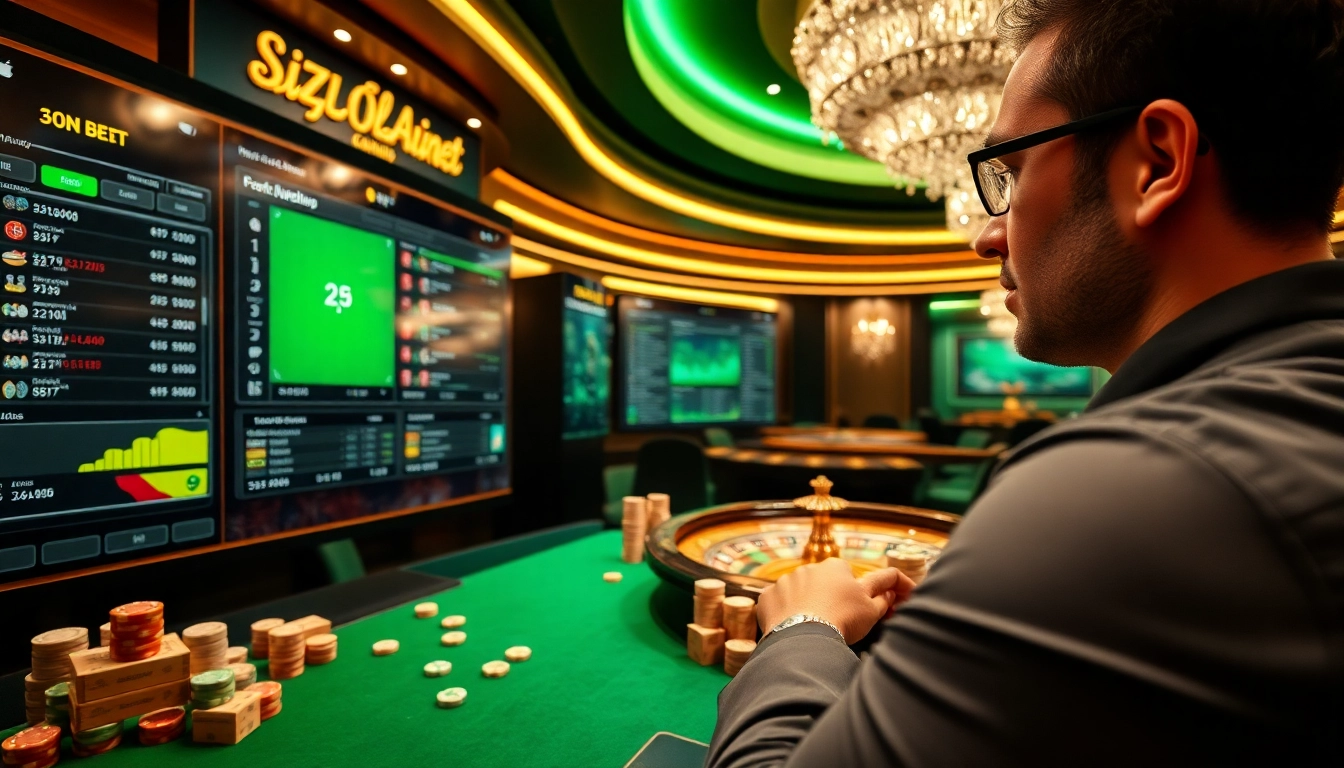 Engaging players with immersive gaming action at https://89bet.in.net/ featuring poker chips and roulette wheels in a luxurious scene.