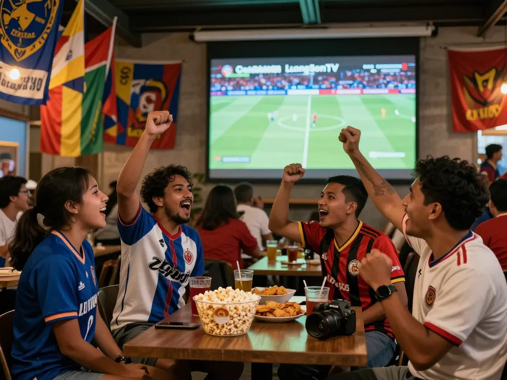 Fans enjoying live football on LuongSonTV, celebrating together with snacks and drinks.