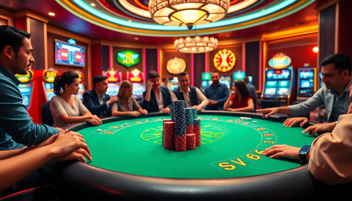 Engaging players showcase SV66 during an exciting poker game in a vibrant casino setting.