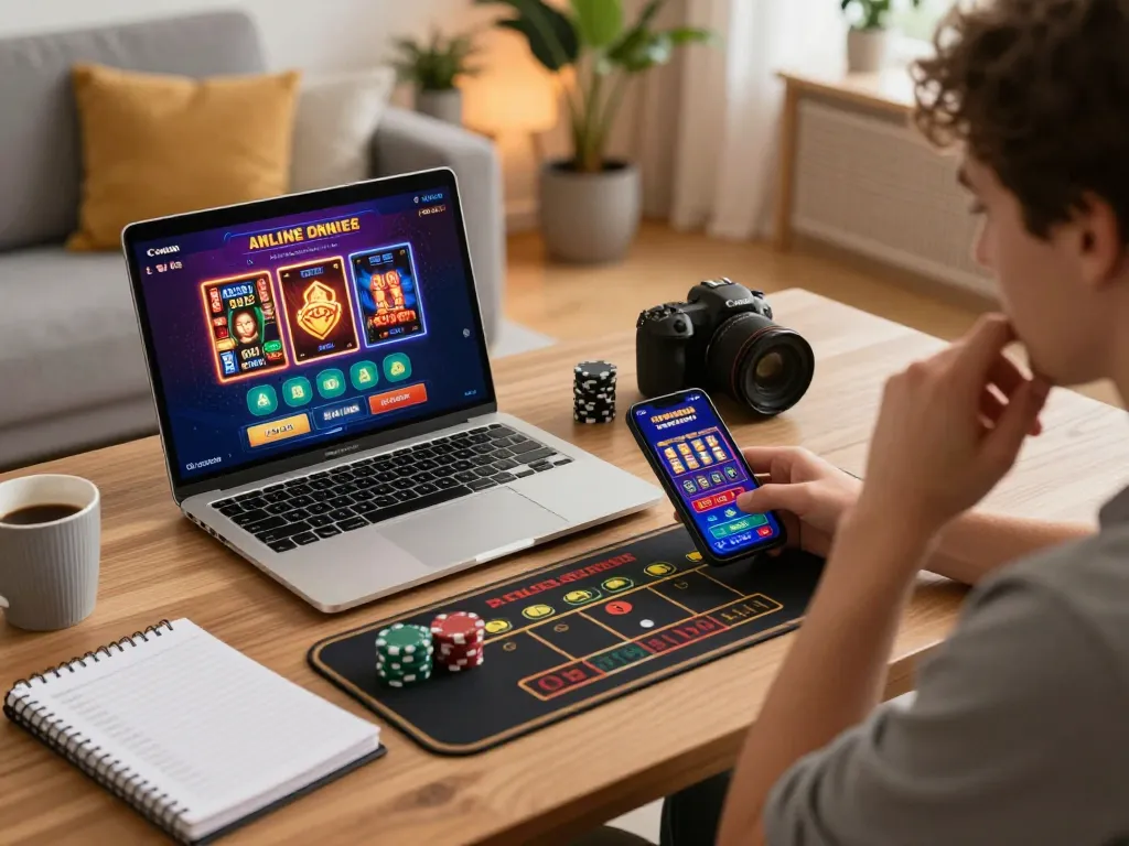 Engaged player on a laptop and smartphone at home, strategizing online casino bets for 678 games.