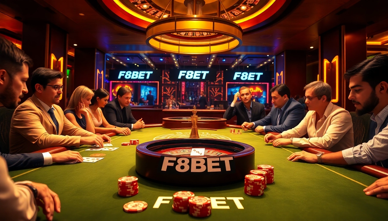 Gamblers enjoy a thrilling poker game at F8BET casino, showcasing excitement and luxury.