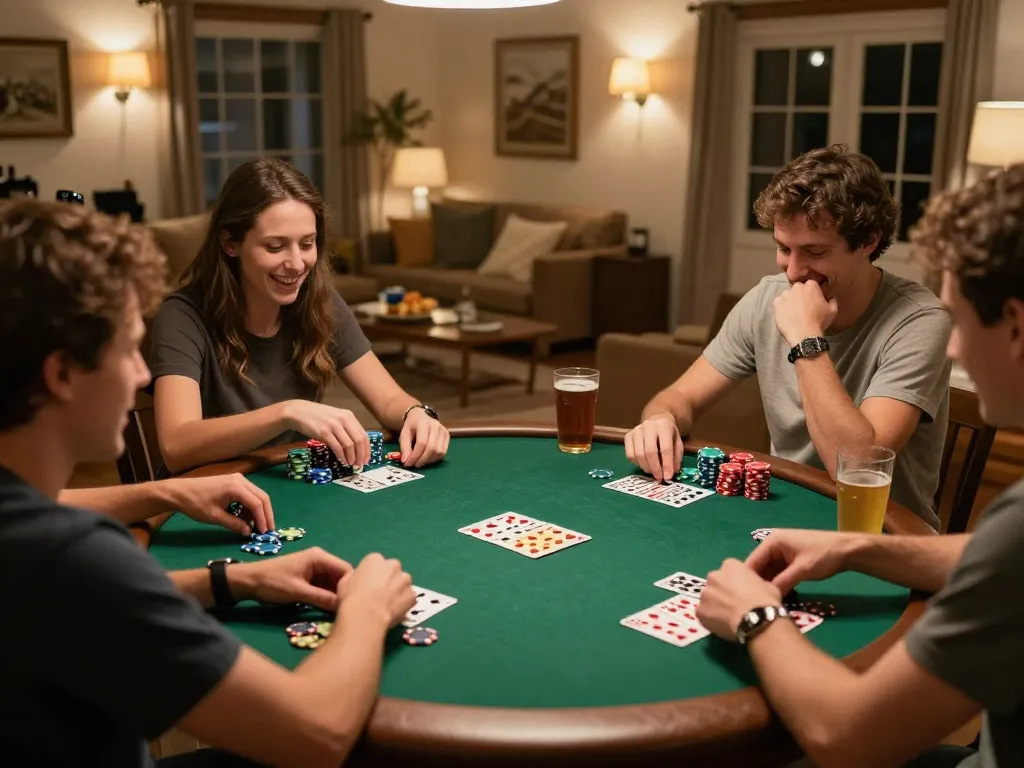 Friends enjoying poker night at home, showcasing Fm88 themed gaming elements and warm environment.