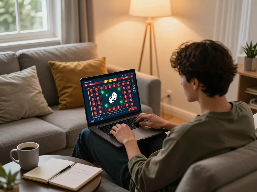 Engaging online tai xiu session at home, with player focused on betting interface and strategy notes.
