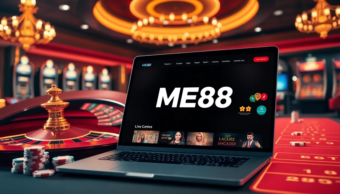 Thrilling gaming interface at https://me88.in.net/ showcasing roulette, poker chips, and professional online betting.