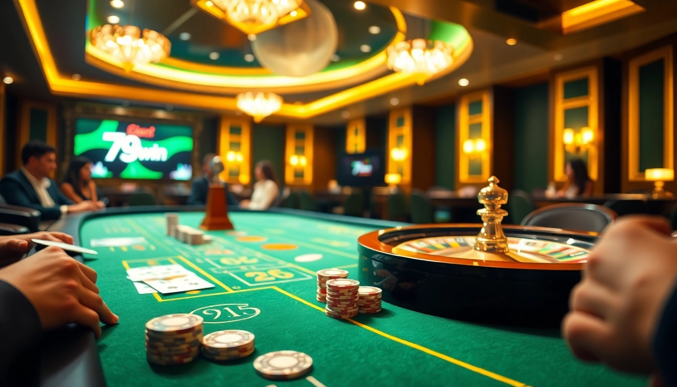 Exciting casino scene showcasing the 79win logo on vibrant game tables with engaged players.