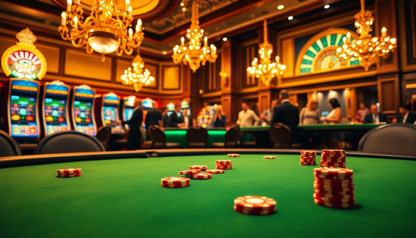 P3 Casino showcases a luxurious poker table amidst lively gambling activities, inviting players to win big.