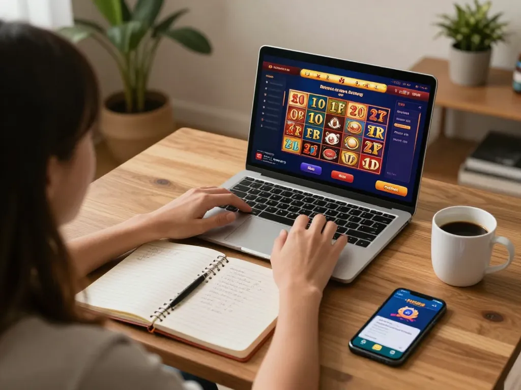 Engaged player exploring Five88 casino games on a laptop at home, showcasing online gambling strategies