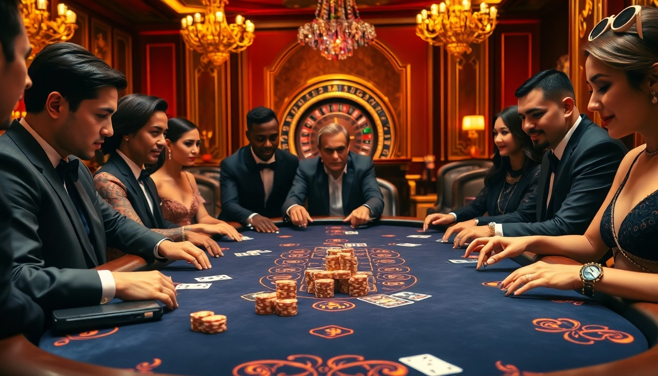 Engage in a thrilling poker game at a luxurious casino scene inspired by mm oo, showcasing elegant players and sparkling chips.