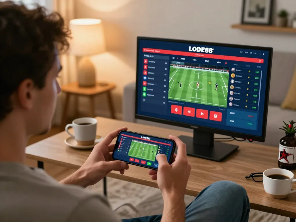 Engaging player betting on LODE88 sports app on smartphone, set in modern living room ambiance.