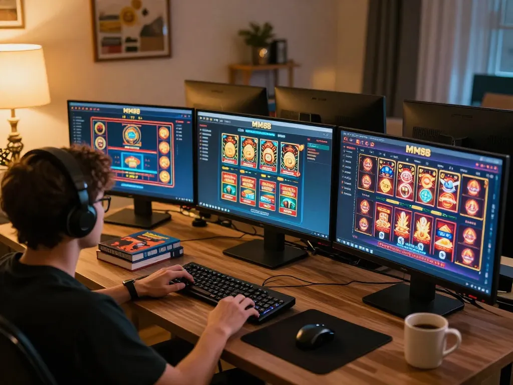 MM88 online gaming scene with player analyzing games on multiple screens in a cozy home office.