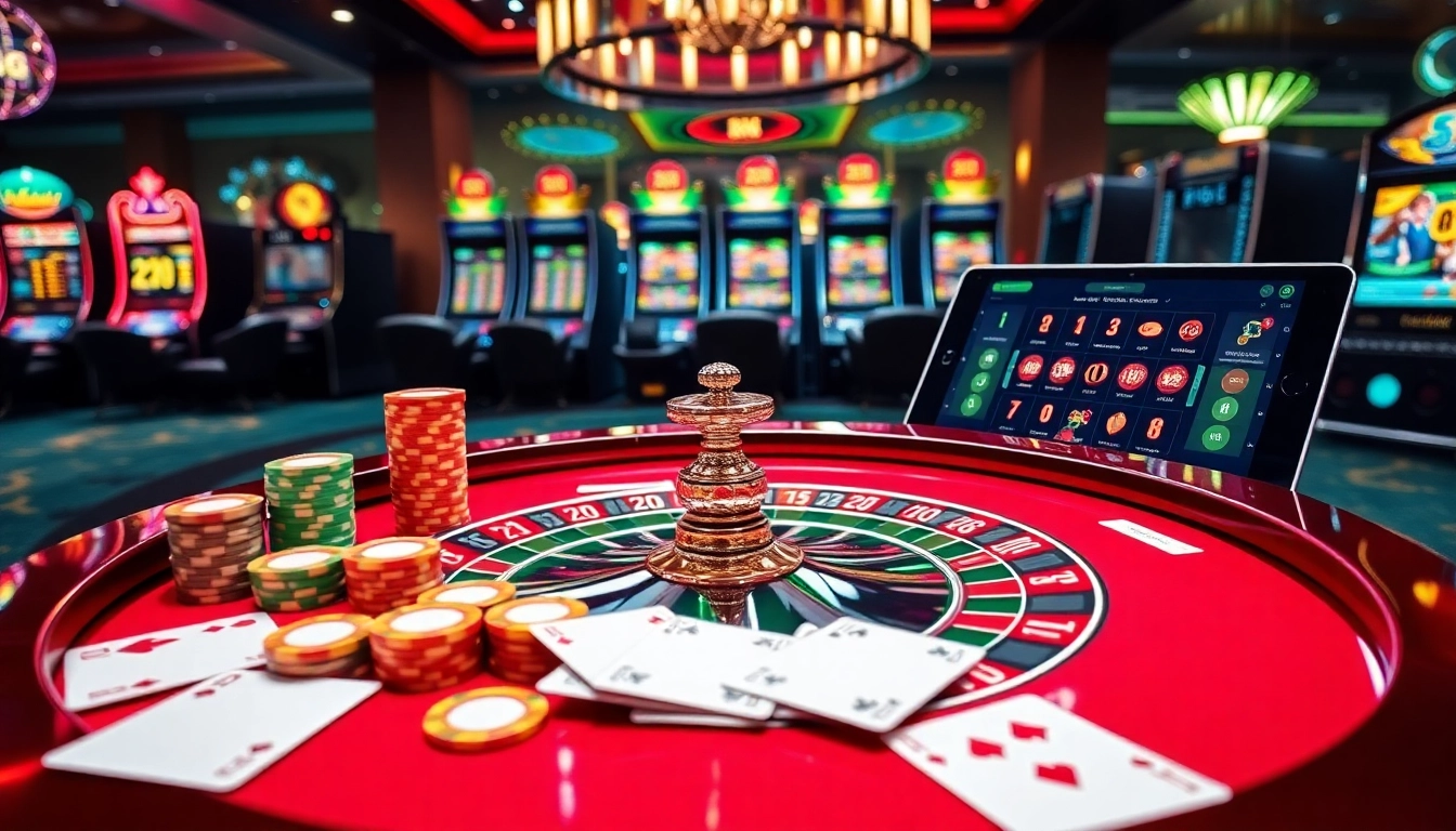 Experience thrilling gaming at RR88 with luxurious casino visuals showcasing roulette, poker chips, and slot machines.