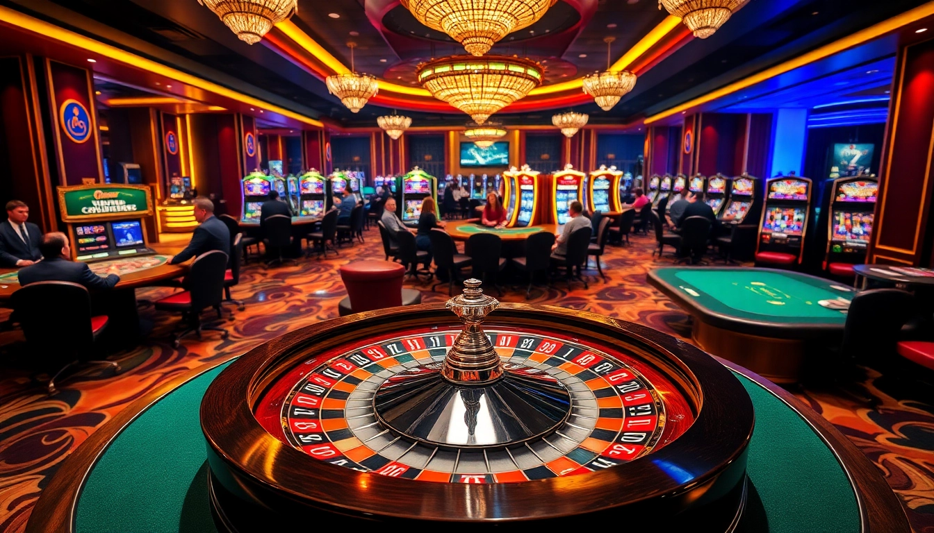 Engage with the QQ88 casino experience featuring vibrant poker tables and a spinning roulette wheel.