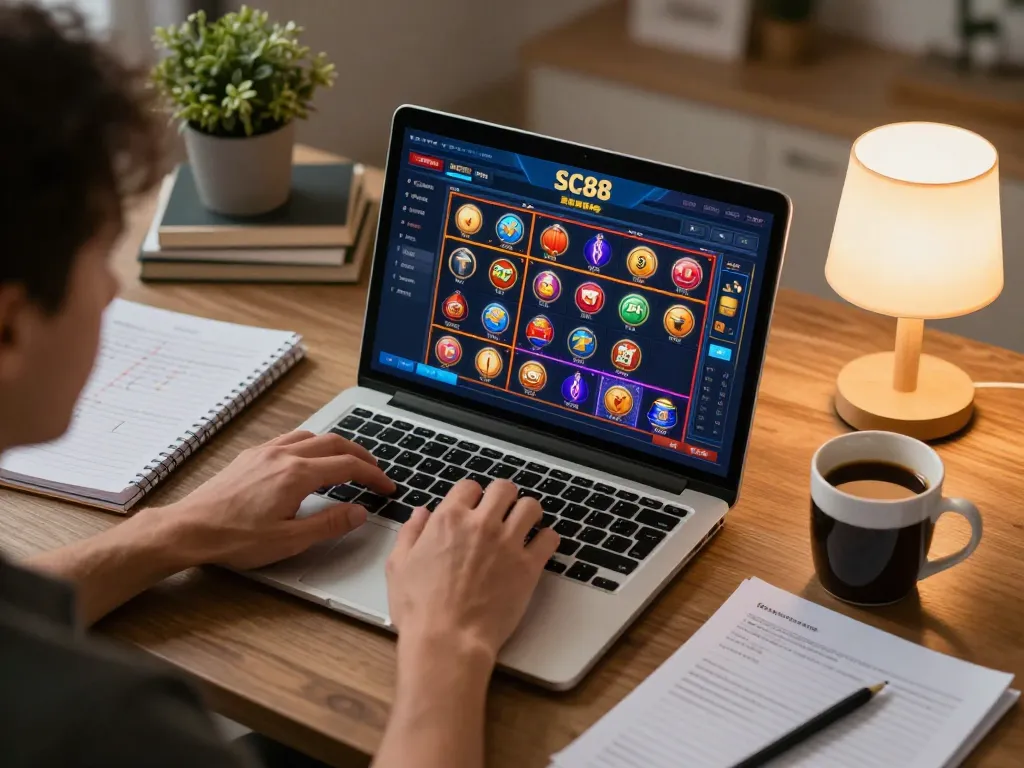 Engaging player using SC88 social casino app on laptop for an immersive experience.