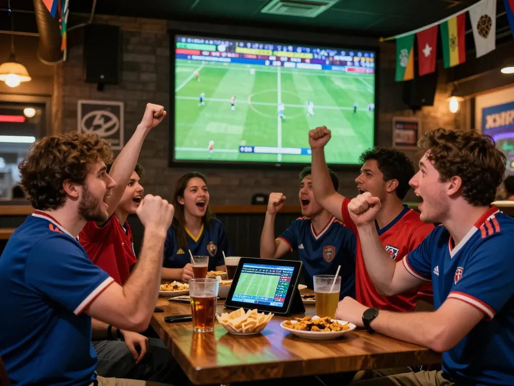 Group of friends enjoying kèo nhà cái during a football match at a vibrant sports bar, showcasing excitement and camaraderie.